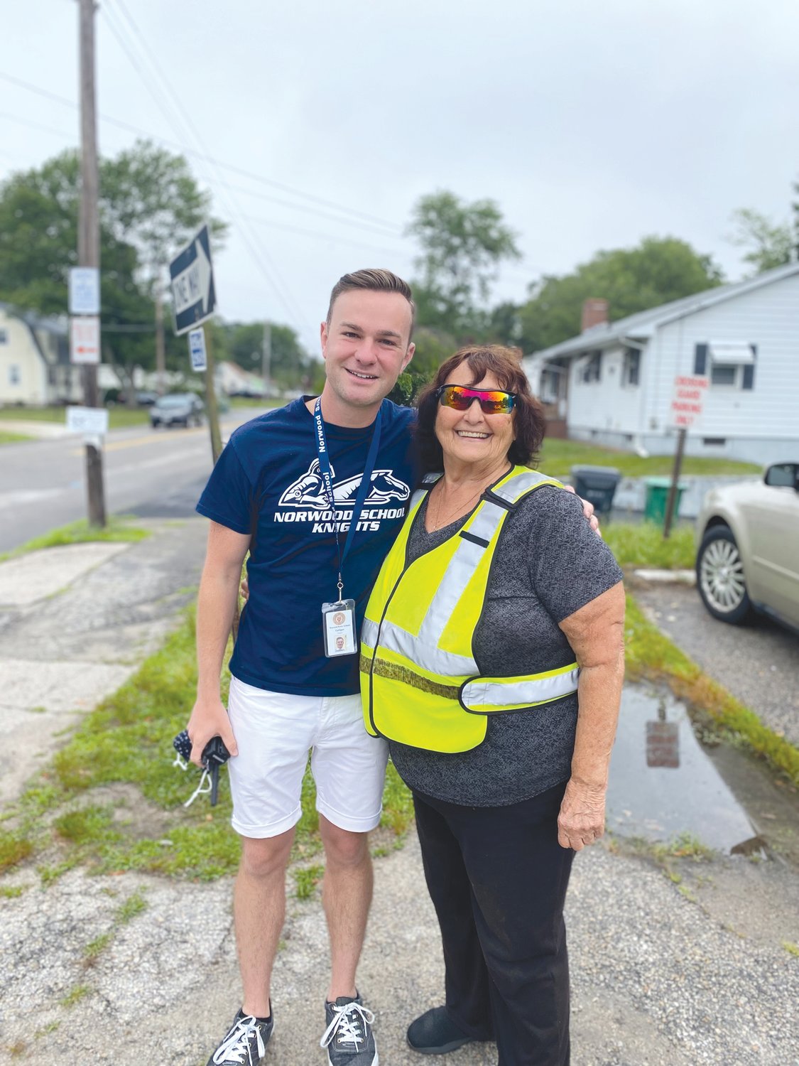 NOMINEE: Warwick Elementary School Principal Frank Galligan is a nominee for the Rhode Island Outstanding Beginning Principal of the Year award. He is pictured here with crossing guard Gerry Davis while serving as interim principal at Norwood School.